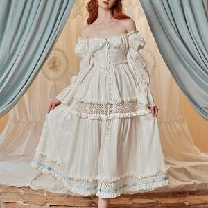 Off-Shoulder Cream Lace-Trim Maxi Dress